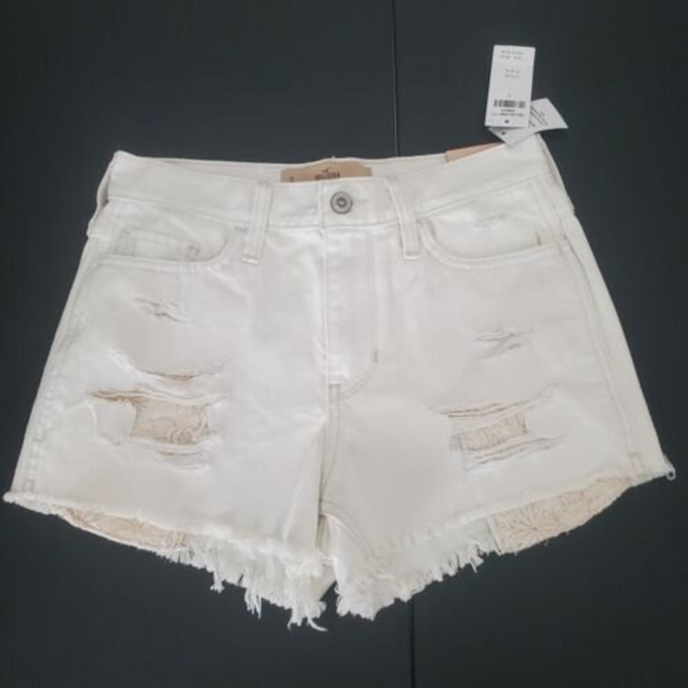 Hollister Womens Short Short Distressed White NWT Denim Lace Pockets Size‎ 26/3